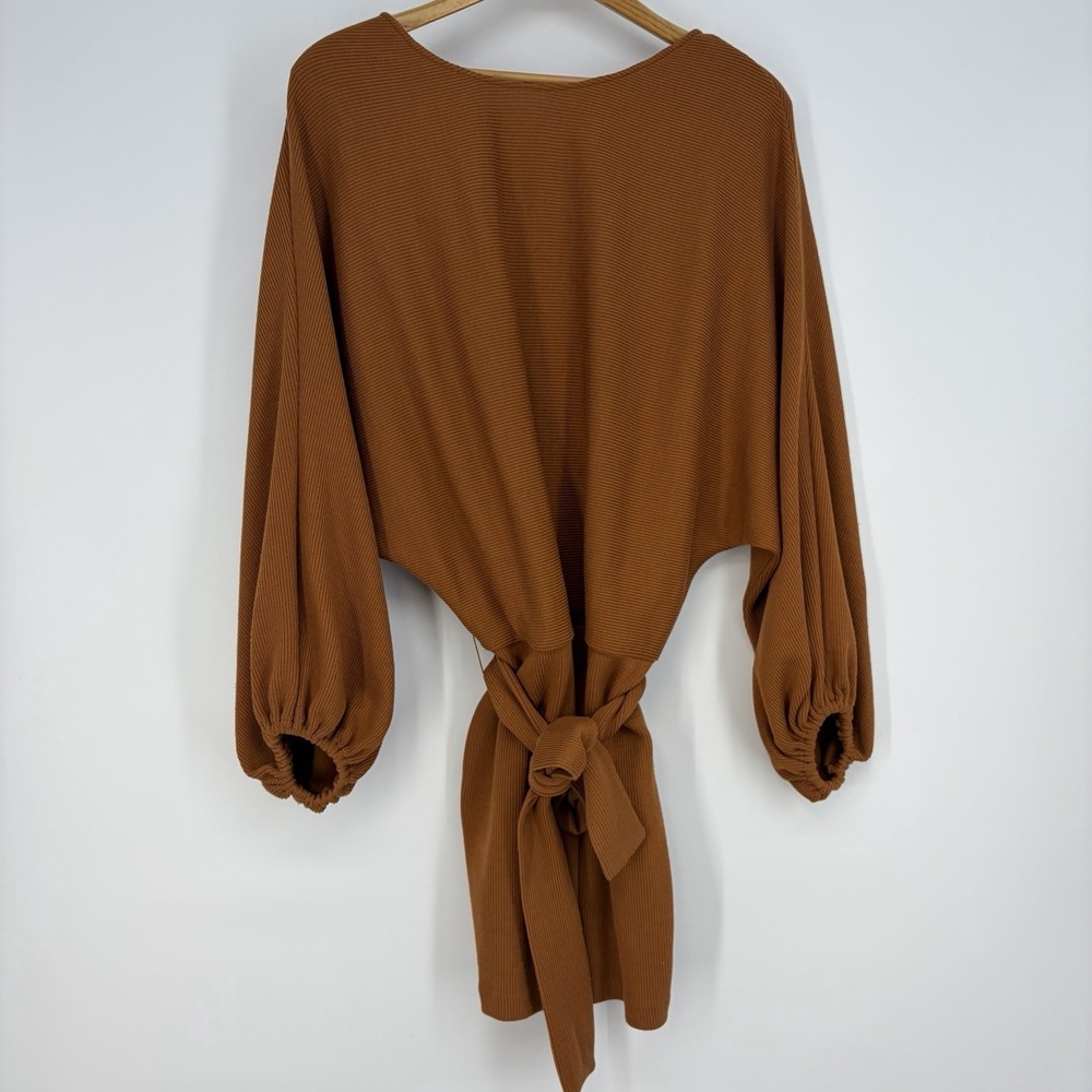 SAYLOR Rib Knit Wrap Style Mini Sweater Dress M Brown‎ Balloon Sleeve Mod Sexy